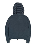 DRIPNORD Moncler hooded cardigan in dark grey, featuring a quilted puffer hood and a ribbed knit body. Size M.