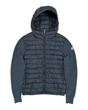 DRIPNORD Moncler hooded puffer cardigan with grey knit sleeves and signature logo patch on left arm.