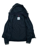 DRIPNORD Moncler navy blue hooded windbreaker jacket, size M, with striped cuffs and Moncler logo tag inside.