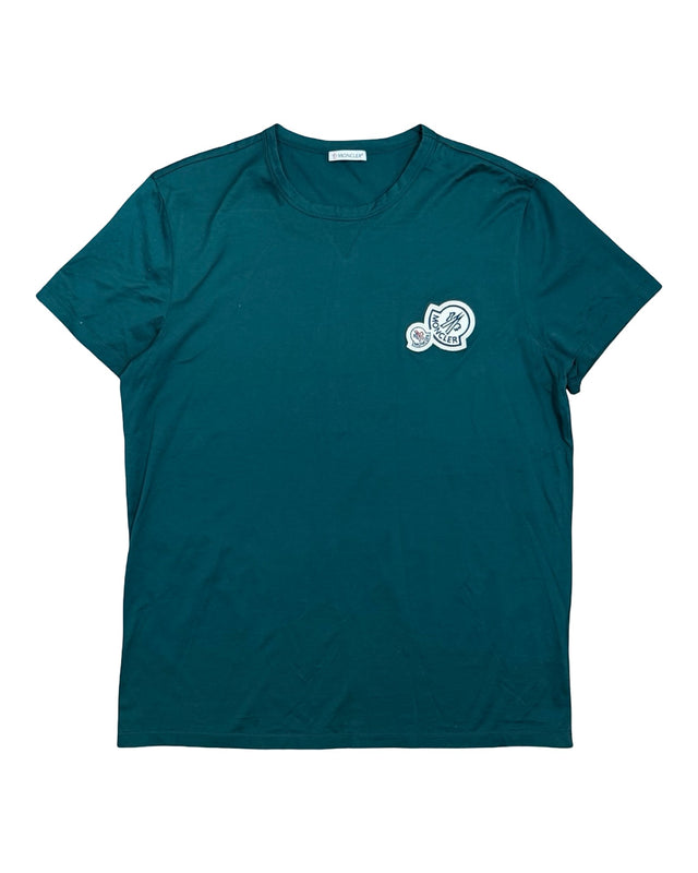 DRIPNORD Moncler teal green cotton t-shirt with double logo patch on chest, crew neck, short sleeves. Fits M.