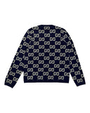 DRIPNORD navy blue knit sweater with all-over white GG logo pattern. Long sleeves, crew neck.