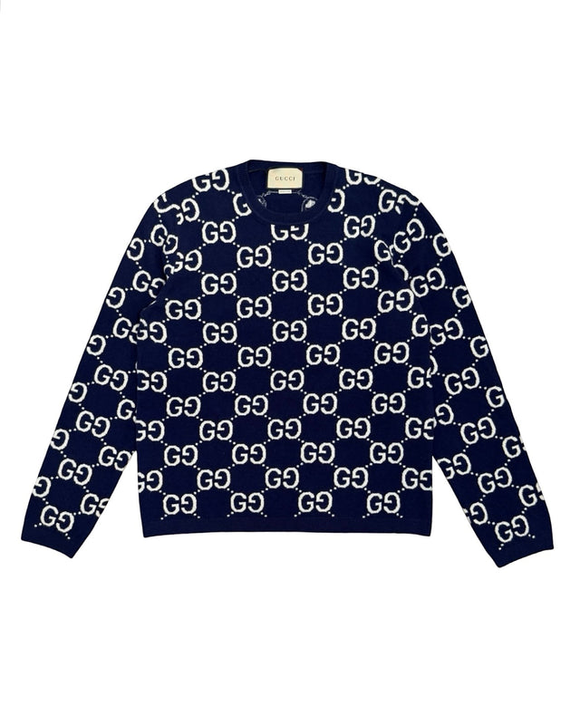 DRIPNORD navy blue knit sweater with all-over white GG logo pattern and crew neck.