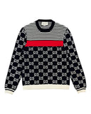 DRIPNORD navy blue and white striped sweater with red band and all-over GG monogram pattern. Crew neck, long sleeves, ribbed cuffs and hem.