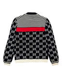 DRIPNORD navy blue knit sweater with all-over white GG monogram, red stripe, and white striped collar and cuffs.