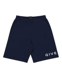 DRIPNORD navy blue cotton shorts with elastic waistband and white GIVENCHY logo detail on the right leg.