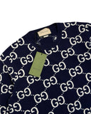 DRIPNORD navy blue Gucci GG monogram knit sweater with tags. Crew neck, long sleeves, and all-over GG pattern.