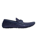 DRIPNORD navy blue Louis Vuitton monogram canvas loafers with leather trim and rubber sole.