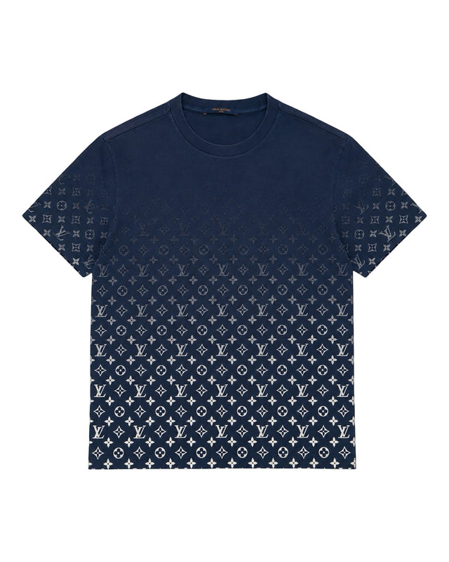 DRIPNORD navy blue cotton t-shirt with all-over Louis Vuitton monogram pattern fading from top to bottom.
