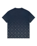 DRIPNORD navy blue t-shirt with all-over grey Louis Vuitton monogram pattern fading towards the top.
