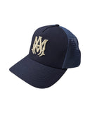 DRIPNORD navy blue trucker cap with embroidered MA logo in beige. Adjustable, one size.