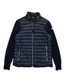 DRIPNORD navy blue Moncler women's puffer cardigan with zip closure and two zip pockets.