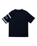 DRIPNORD navy blue t-shirt with light blue stripes and 'PARIS' text on the sleeve. Features a ribbed collar.