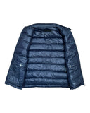 DRIPNORD navy blue quilted puffer vest with Prada logo detail and buttoned pockets.