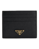 DRIPNORD black Saffiano leather Prada card holder with gold triangle logo and multiple card slots.