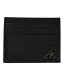 DRIPNORD Prada black saffiano leather card holder with multiple card slots and silver Prada logo.