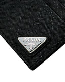 DRIPNORD Prada black Saffiano leather card holder with silver triangle logo.