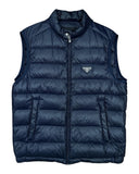 DRIPNORD navy blue Prada puffer vest with zip closure and iconic Prada logo on chest. Size 50/M.