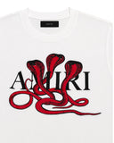 DRIPNORD white cotton t-shirt with black Amiri logo and red snake graphic. Available in L & XL.
