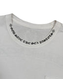 DRIPNORD white cotton t-shirt with black text graphic around the neckline that reads "GOD SAVE THE SEX PISTOLS" and a Chrome Hearts logo on the inside tag.