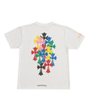 DRIPNORD white cotton t-shirt with multi-colored cross graphic print on back and small floral detail on sleeve.