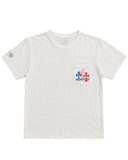 DRIPNORD white cotton t-shirt with multi-colored cross embroidery on chest pocket and sleeve.
